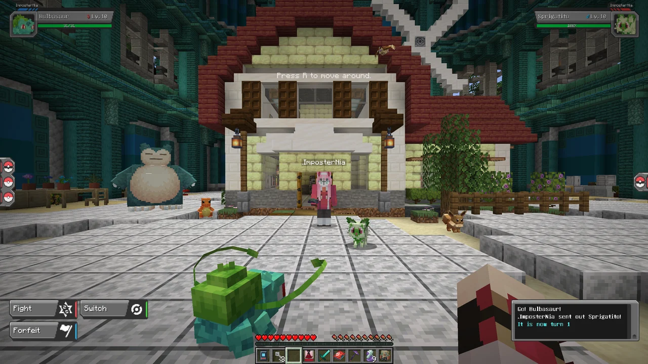 The same battle on Java: Bulbasaur facing Sprigatito and the Bedrock player at the lab door, with the battle menu open.