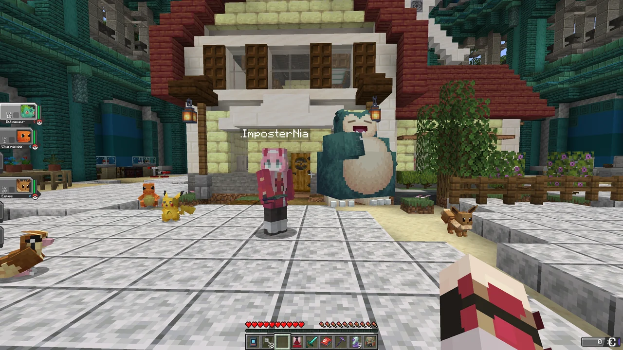 The same moment on Java: the Bedrock player in front of Professor Oak's lab, with Snorlax, Pikachu, Charmander and Eevee round them.