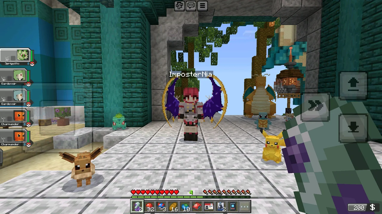 Phone view on Bedrock with touch controls: the Java player in Lunala wings in the lab court, with Eevee, Bulbasaur, Pikachu, Squirtle and Dragonite round them.